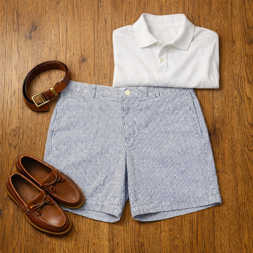 Brooks Brothers 346 Seersucker Navy and White Stripe Shorts Size W40